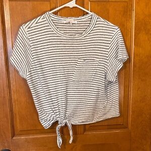 Olivaceous White and Black Striped Tie-Front Short Sleeve Top